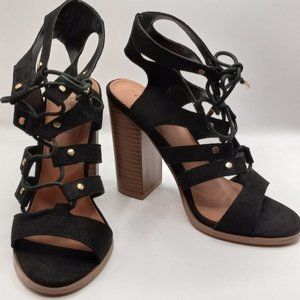 Charlotte Russe Black Suede Gladiator Chucky Heeled Ankle Strappy Sandals Size 7